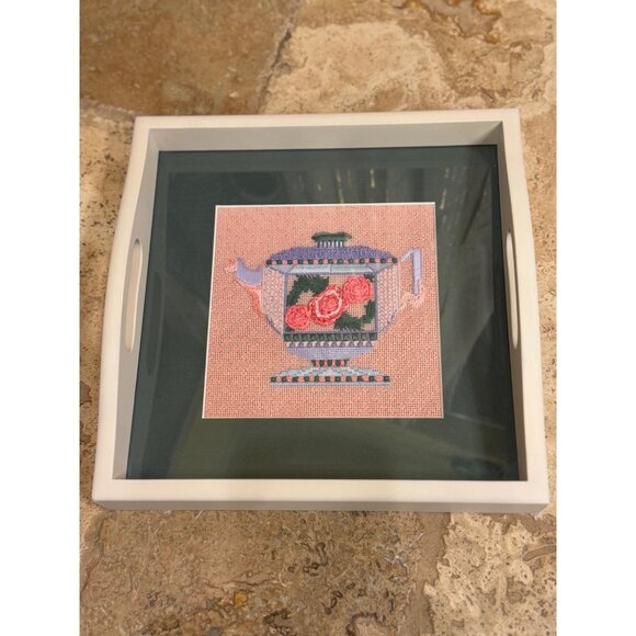 Handcrafted Needlepoint Teapot Design Wood Tray With Handles - Picture 1 of 5